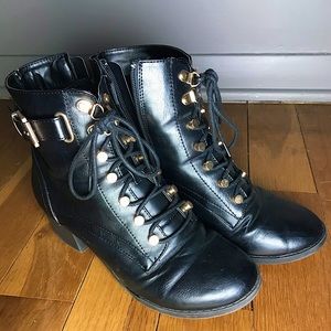 Black, Golden-buckled, ankle cut boots w/gold hook